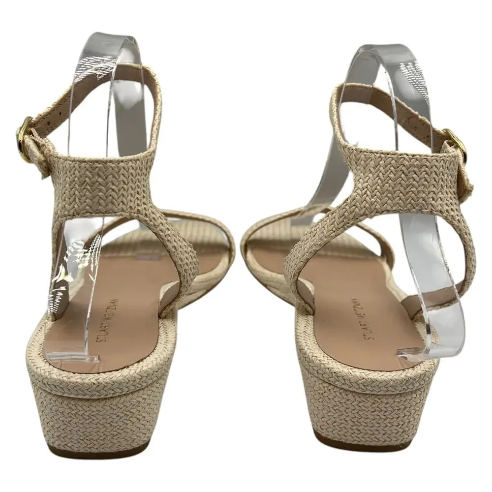Stuart Weitzman Woven Raffia Ankle Strap Low Wedge Sandals Beige Size 8 - Picture 4 of 7